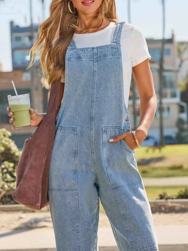 Washed wide-leg denim overalls — additional view 2