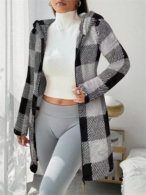 Black and white checked hooded long jacket, worn open by a model