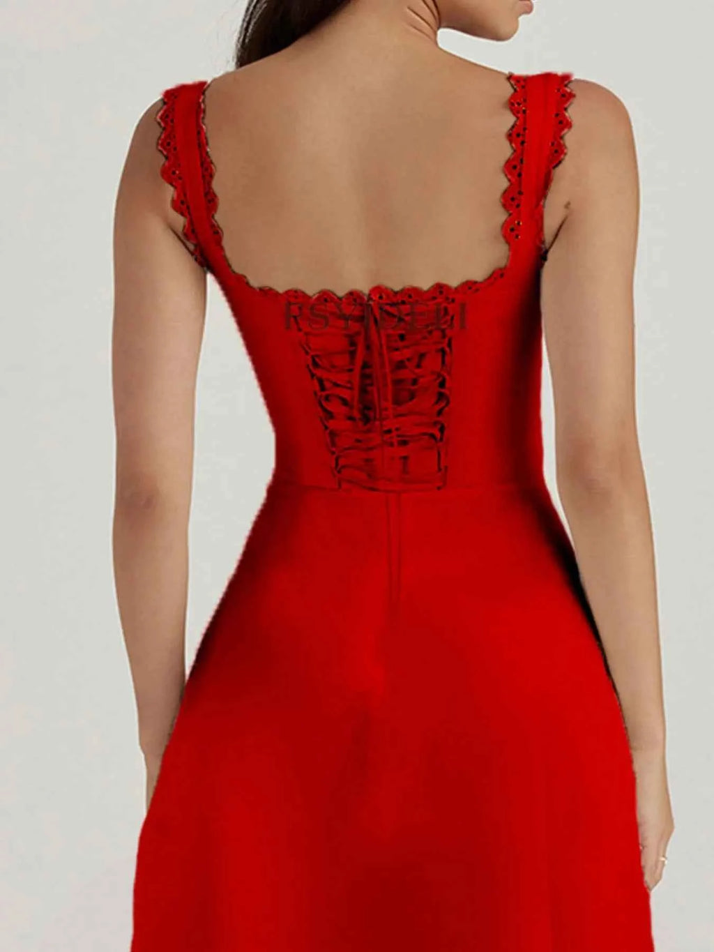 Scalloped V-neck midi dress with back lace-up — additional view 6