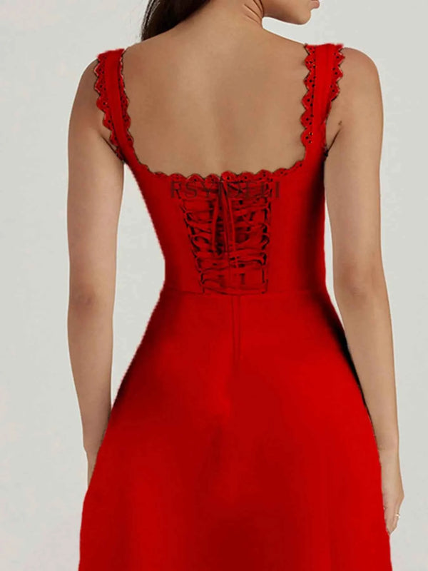 Scalloped V-neck midi dress with back lace-up — additional view 6