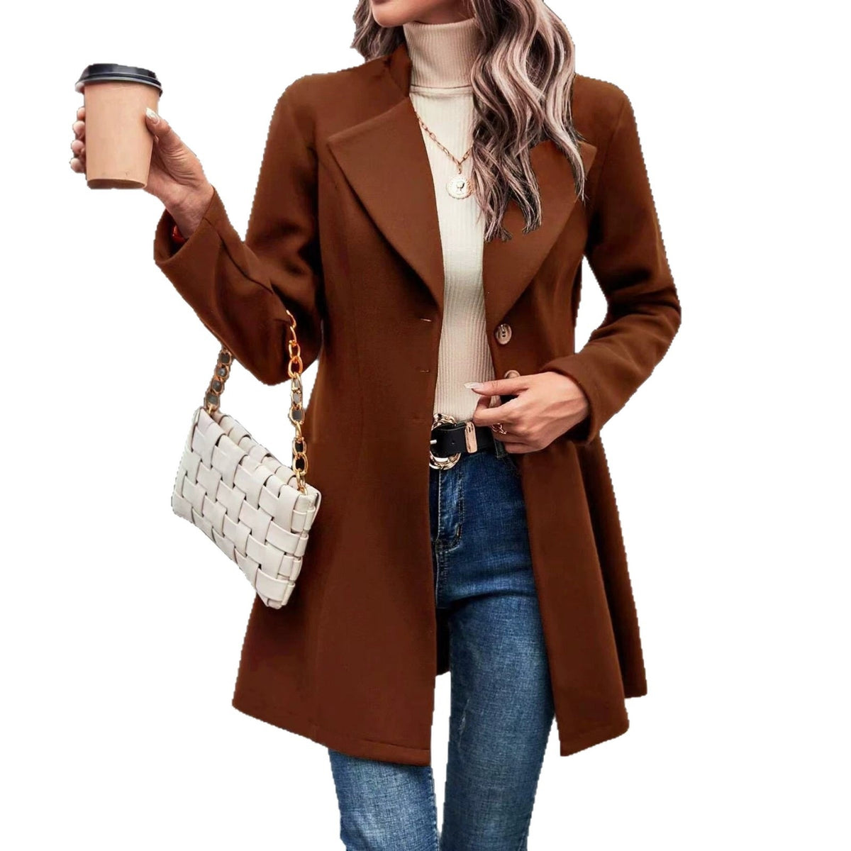Women's Lapel Collar Slim Fit Coat – Black, Brown or White product image