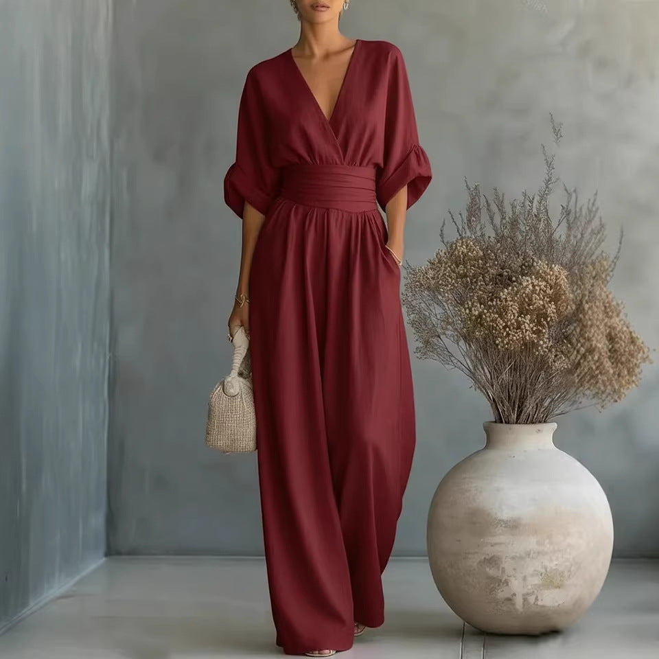 Short-Sleeve V-Neck Wide-Leg Jumpsuit additional product view