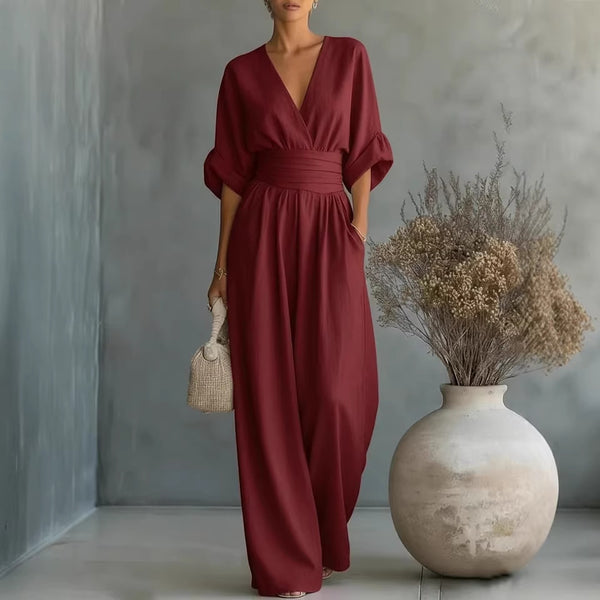 Short-sleeve V-neck wide-leg jumpsuit product image