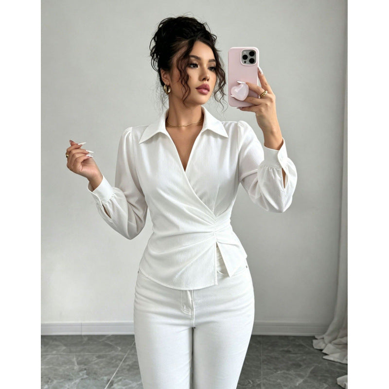 Product detail photo of Cinched Waist Irregular V Neck Top, Women’s Top, everyday style