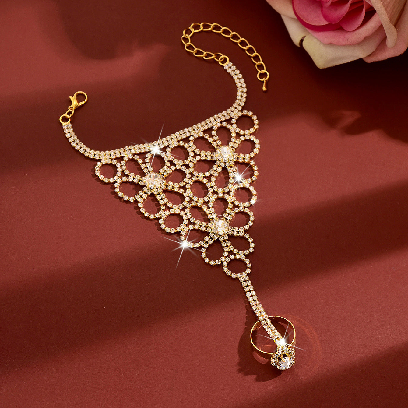 Rhinestone flower ring connected to bracelet chain - view 3