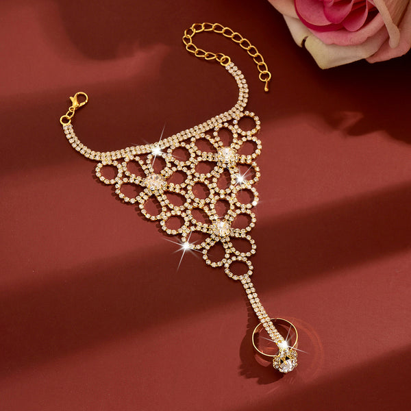 Rhinestone flower ring connected to bracelet chain - view 3