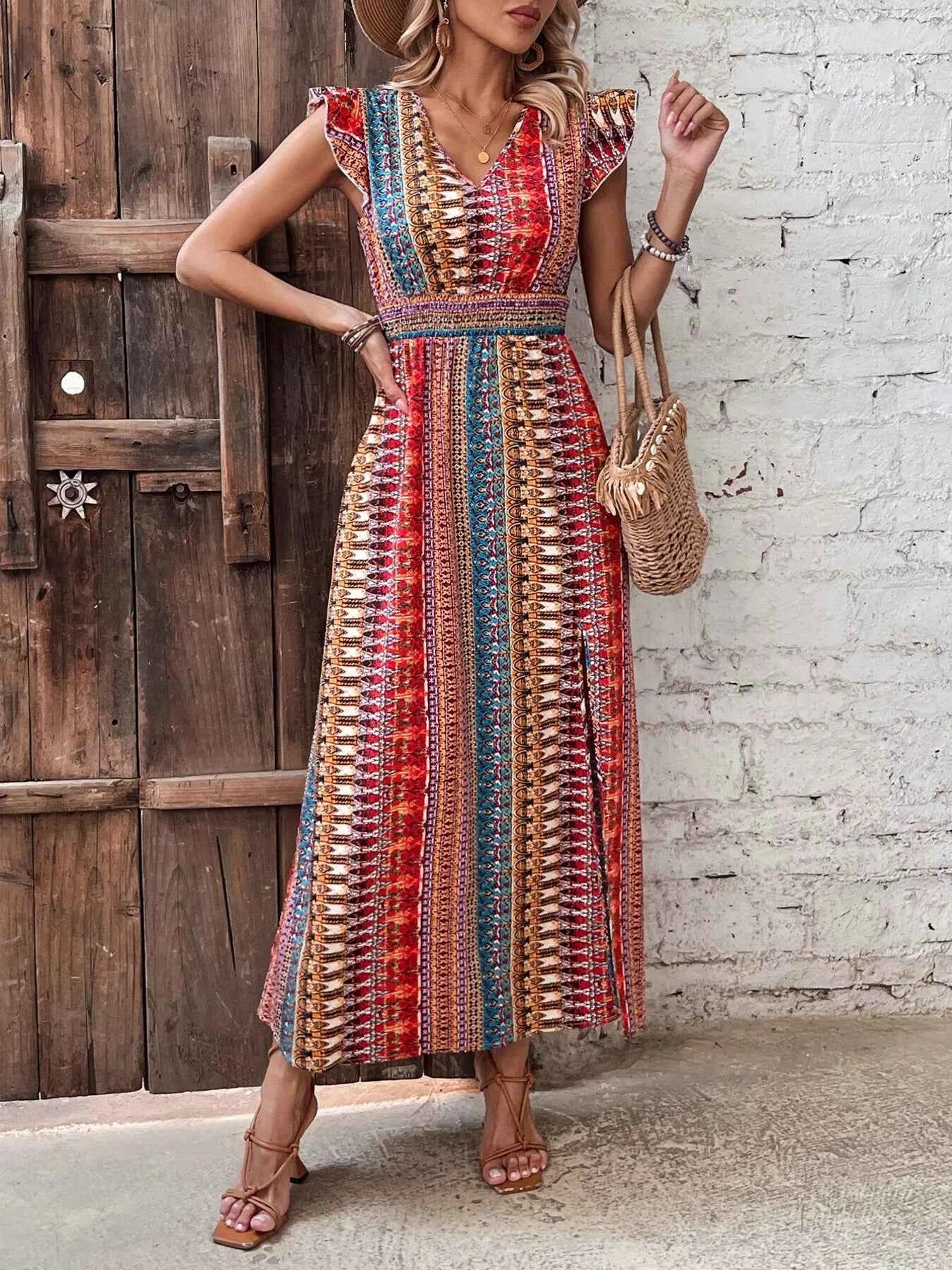 Boho Print Ruffle Sleeve Slit Dress 副圖