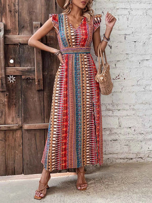 Brick Red boho print ruffle sleeve slit dress for women