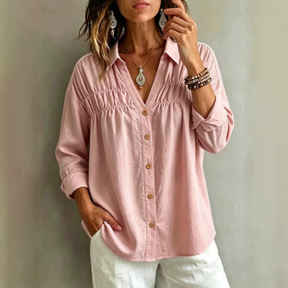 Product detail photo of V Neck Button Long Sleeve Blouse, Women’s Blouse, everyday style