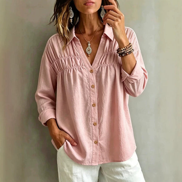 Product detail photo of V Neck Button Long Sleeve Blouse, Women’s Blouse, everyday style
