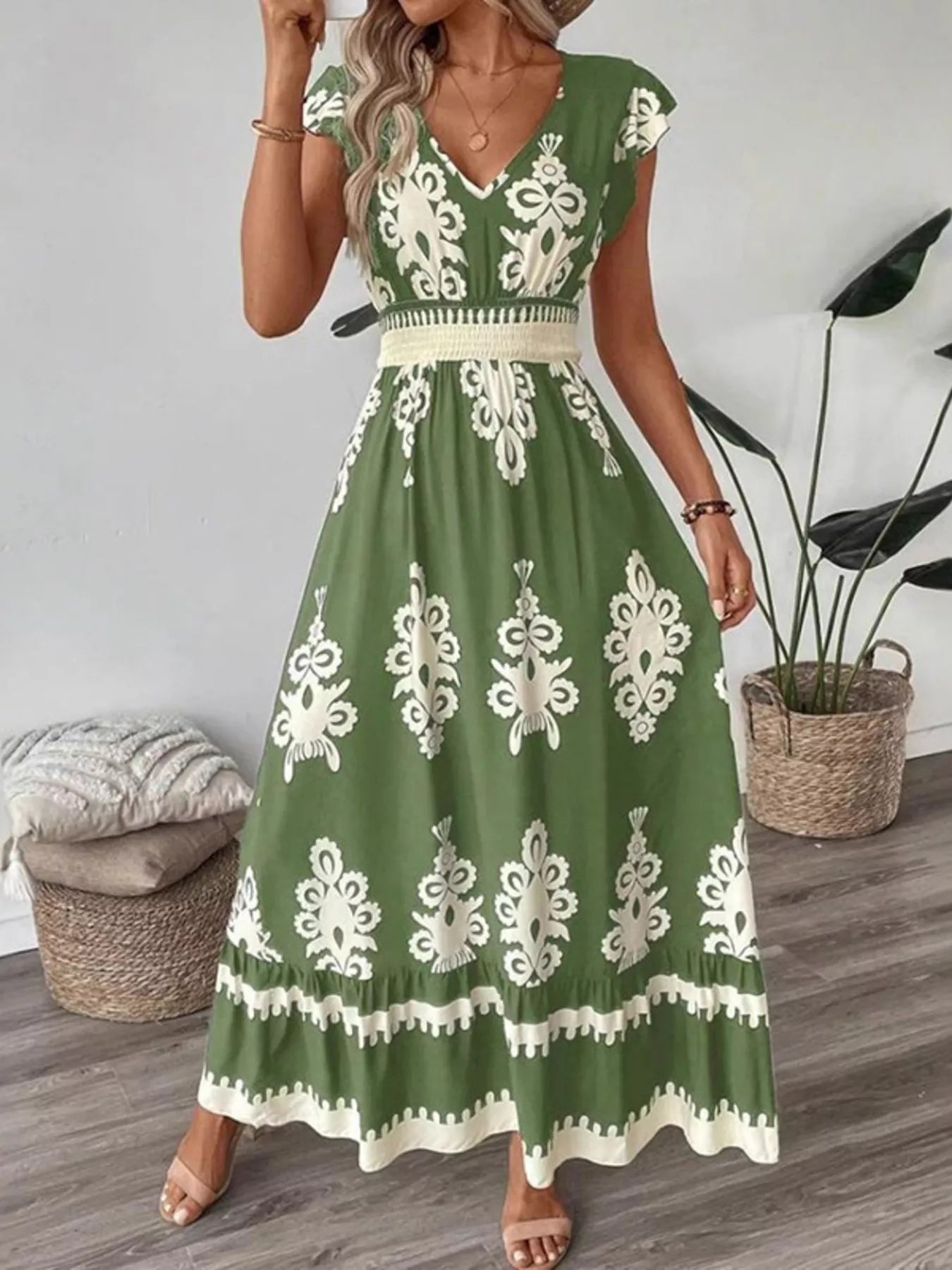 Ruffled Printed V-Neck Maxi Dress view 9