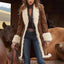 Brown suede-look long coat with cream plush trim at the collar, cuffs and hem, worn by a model