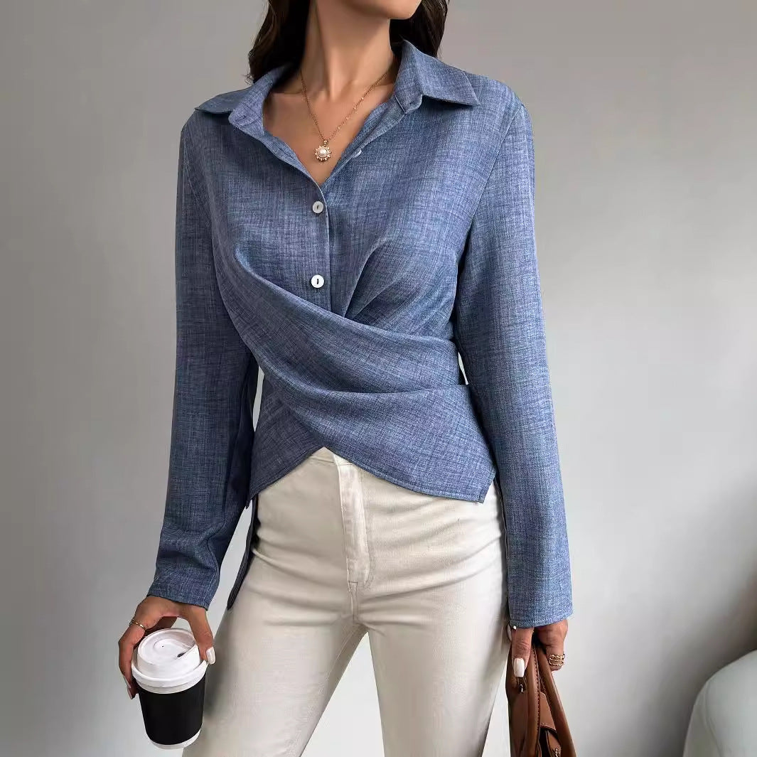 Product detail photo of Cross Tied Pleated Long Sleeve Shirt, Women’s Shirt, everyday style