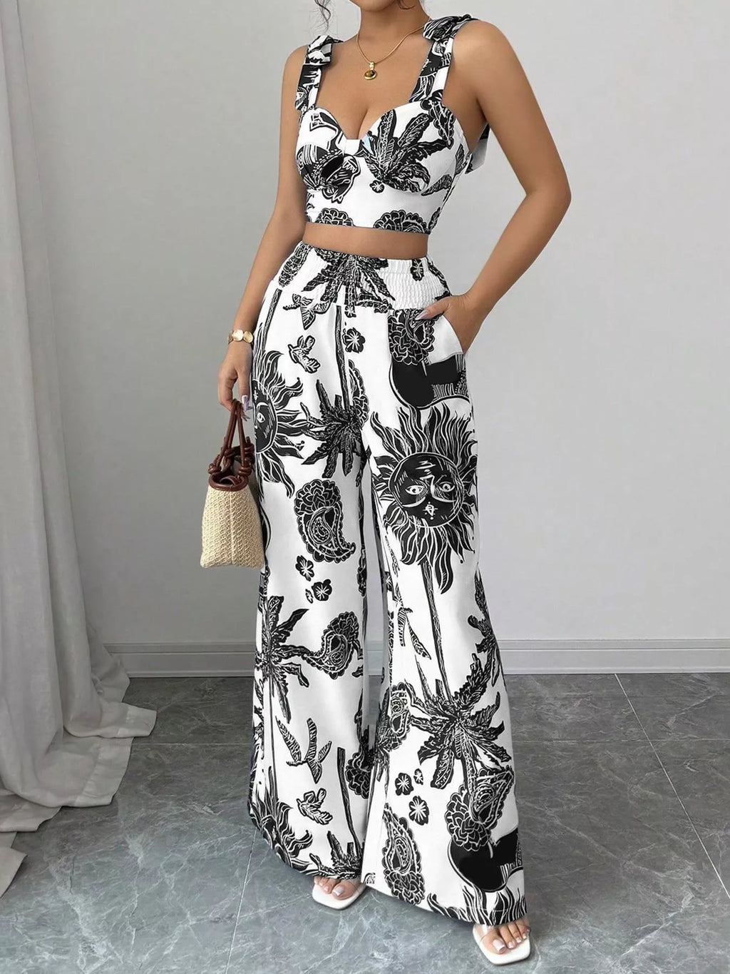Floral Print Crop Top and Wide Leg Pants Set view 11