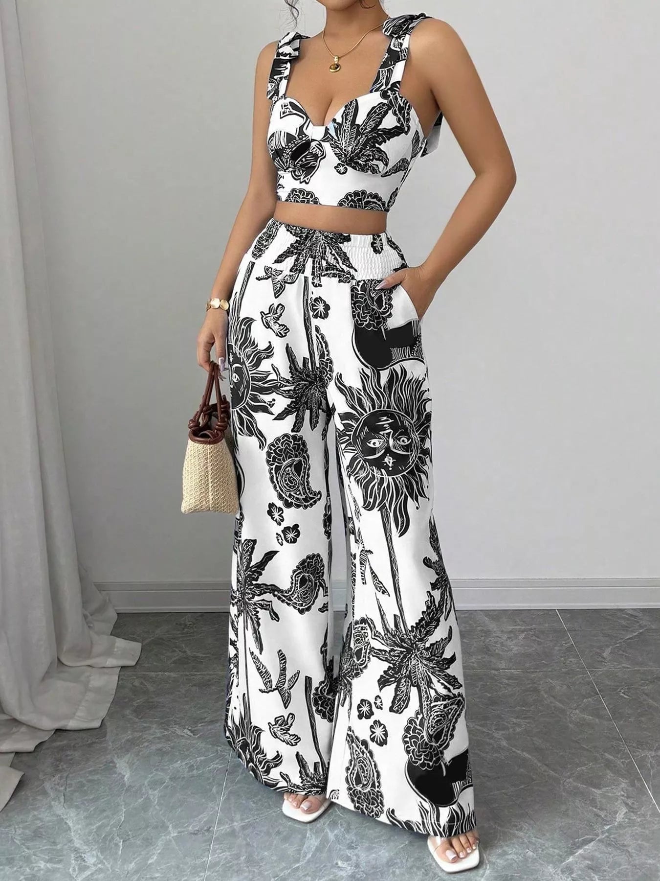 Floral Print Crop Top and Wide Leg Pants Set view 11