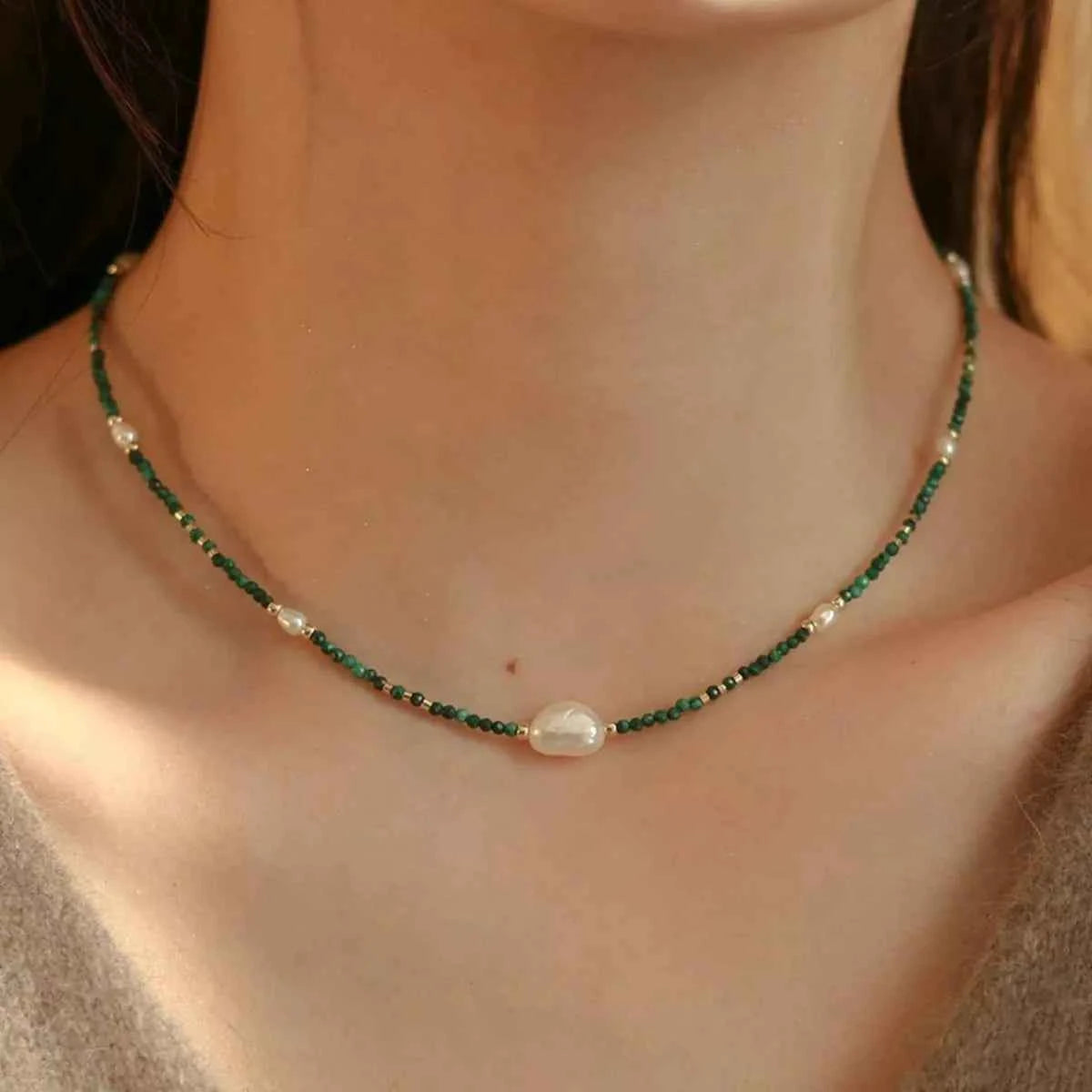 Freshwater pearl and malachite beaded necklace — additional view 11