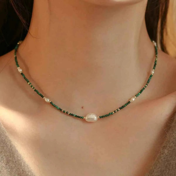 Freshwater pearl and malachite beaded necklace — additional view 11