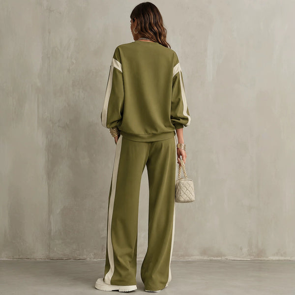 Olive sweatshirt and wide-leg pants set, back view showing contrast side panels