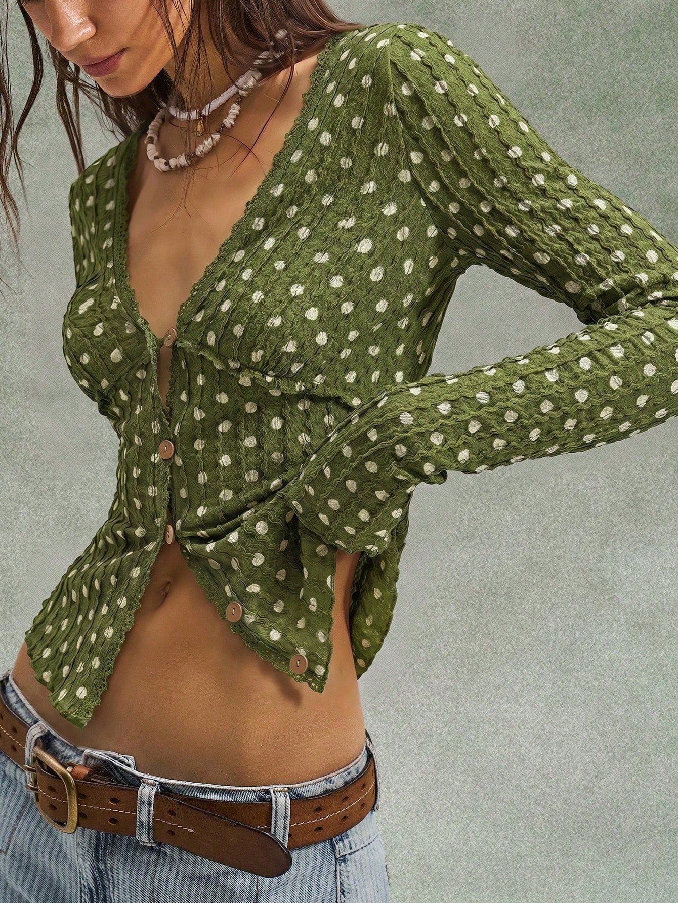 Lace Ruffled Cropped V-Neck Cardigan, angled product view