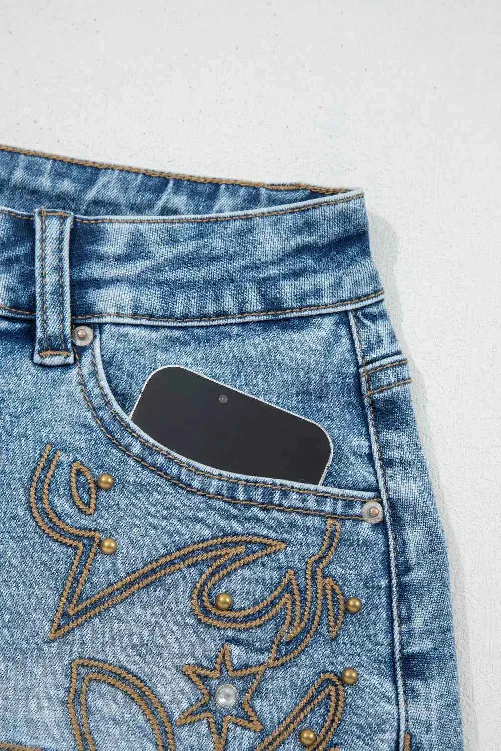 Western embroidered studded denim shorts — additional view 6