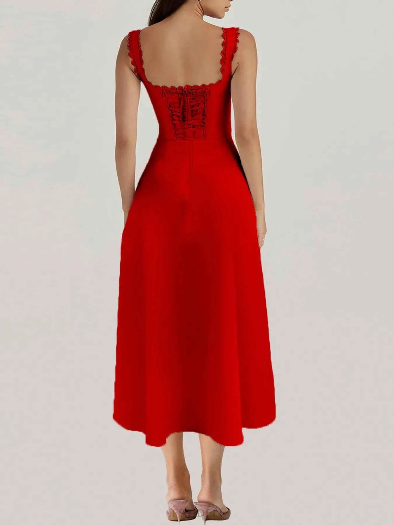 Scalloped V-neck midi dress with back lace-up — additional view 5