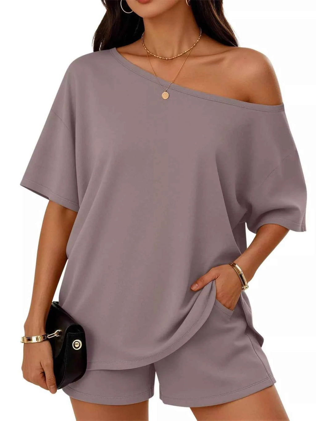 Full Size Boat Neck Tee and Shorts-Two-Piece Set-Splashis-Color:Gray-Size:3XL-Splashis