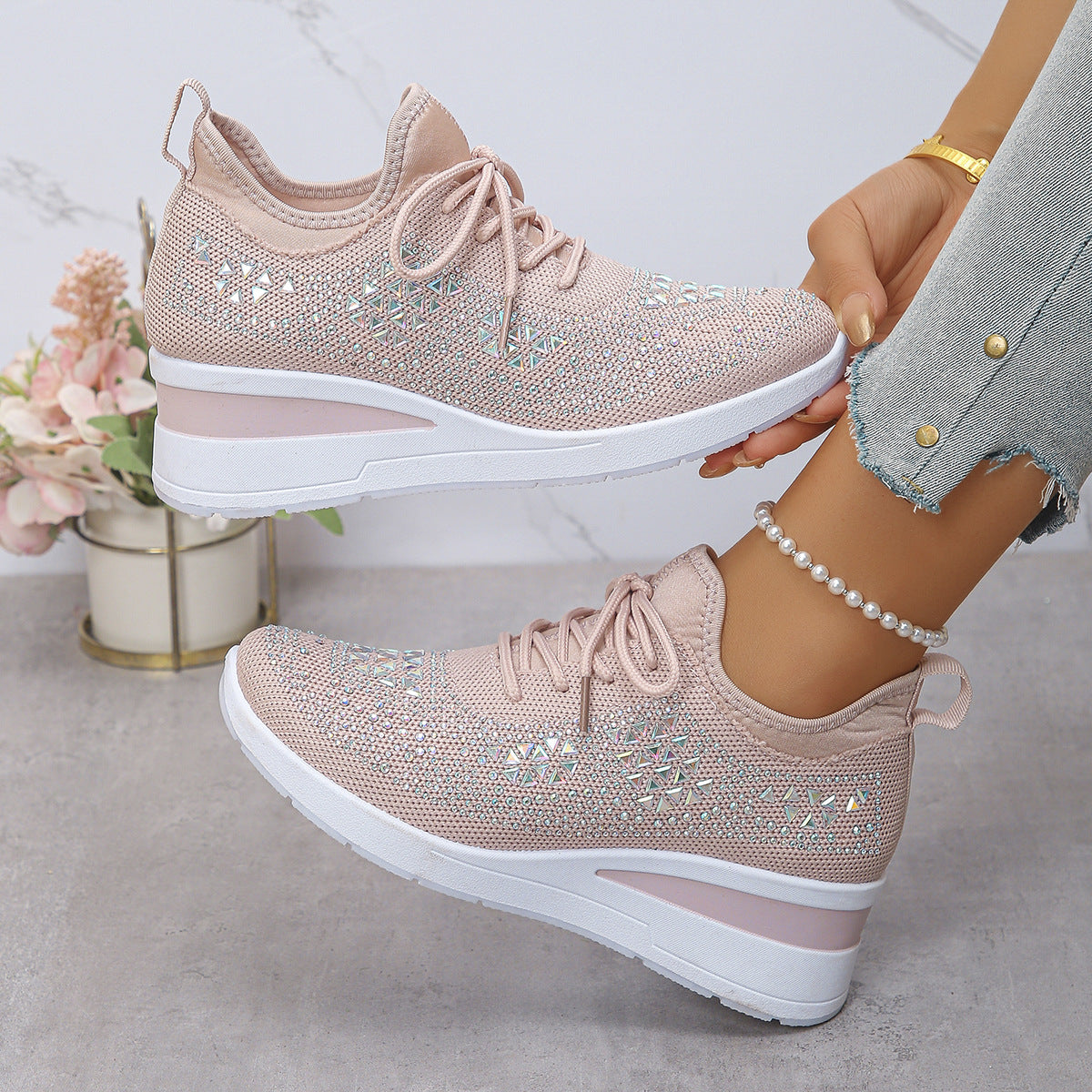 Pink rhinestone lace-up wedge sneakers for women
