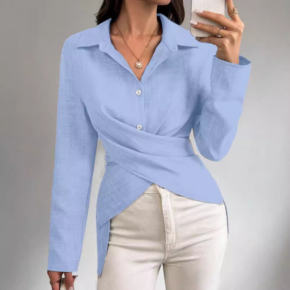 Product detail photo of Cross Tied Pleated Long Sleeve Shirt, Women’s Shirt, everyday style