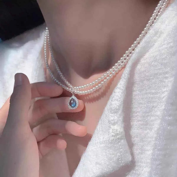 Double layer pearl necklace with teardrop pendant — additional view 4