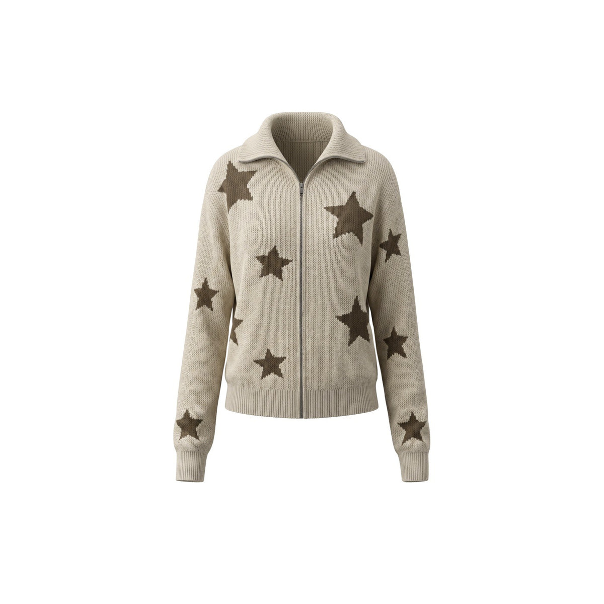 Khaki star pattern knit zip cardigan for women