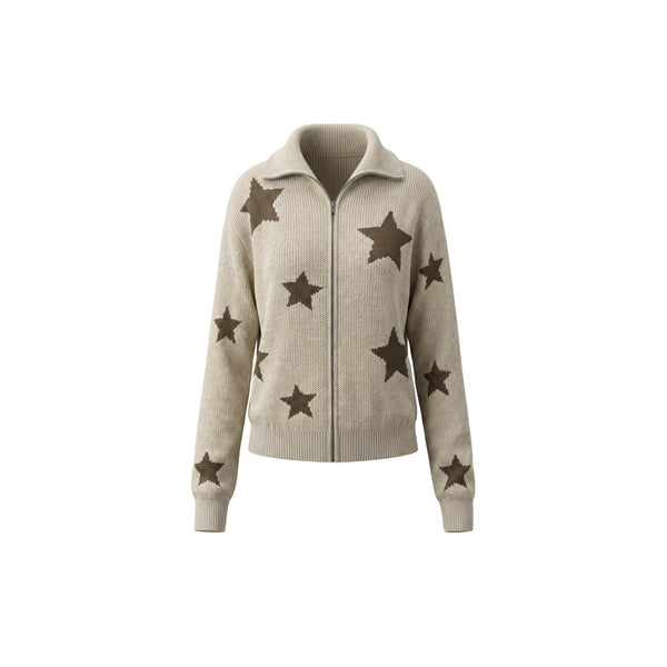 Khaki star pattern knit zip cardigan for women