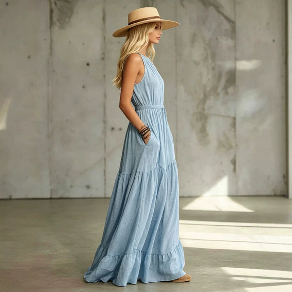 Product detail photo of Blue Cotton Linen Sleeveless Maxi Dress, blue cotton linen sleeveless maxi dress, everyday style