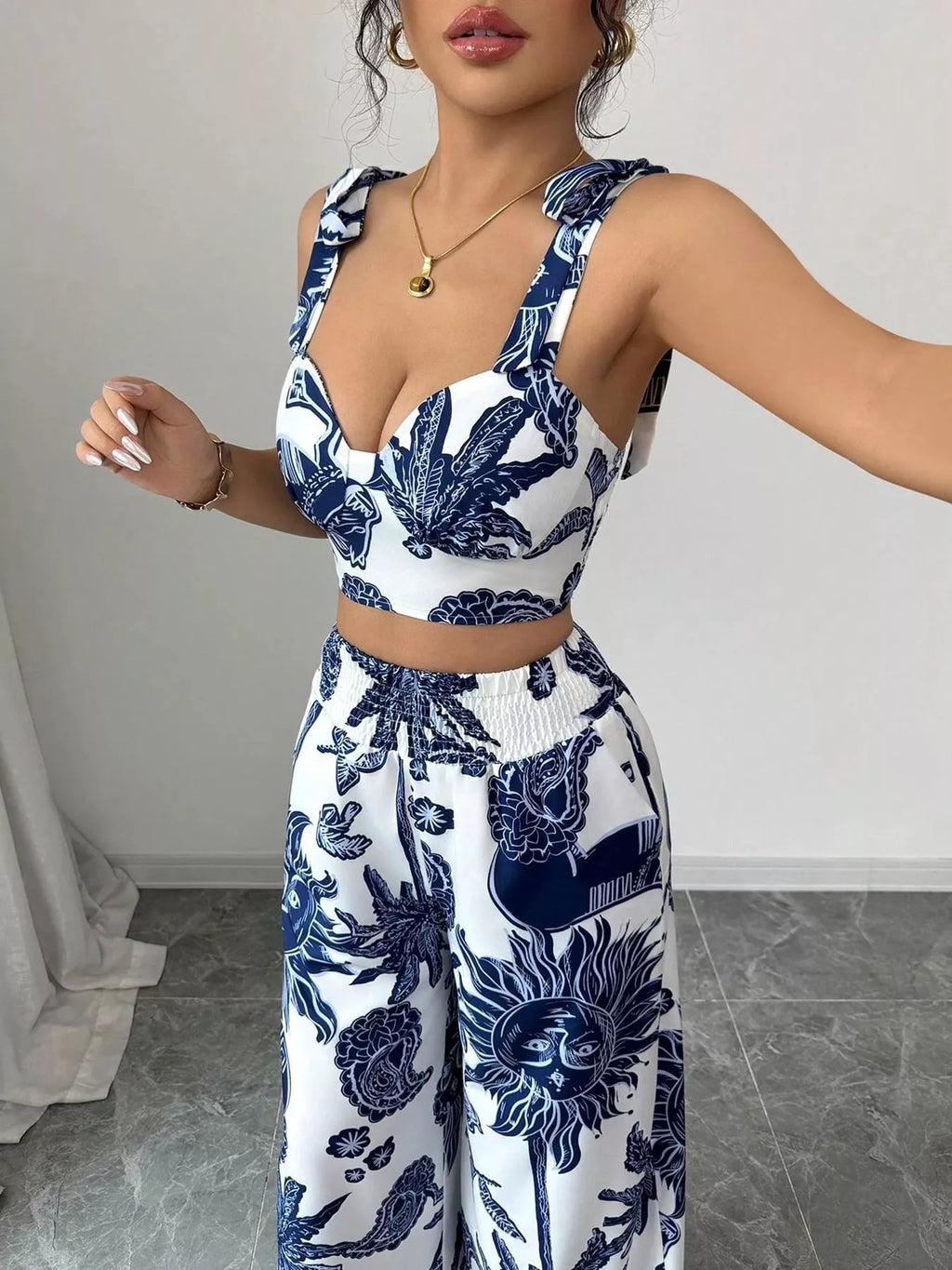 Floral Print Crop Top and Wide Leg Pants Set view 5
