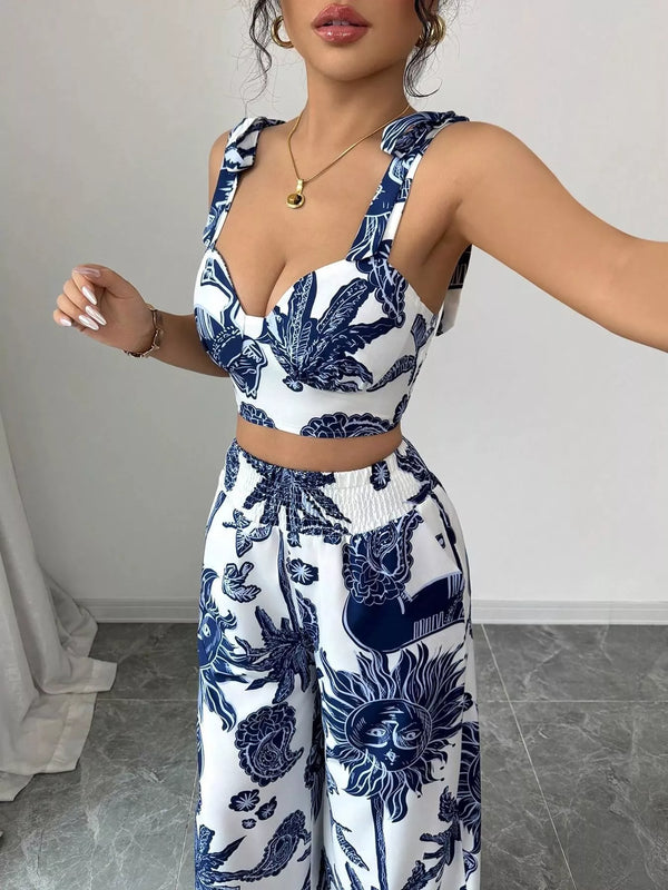 Floral Print Crop Top and Wide Leg Pants Set view 5