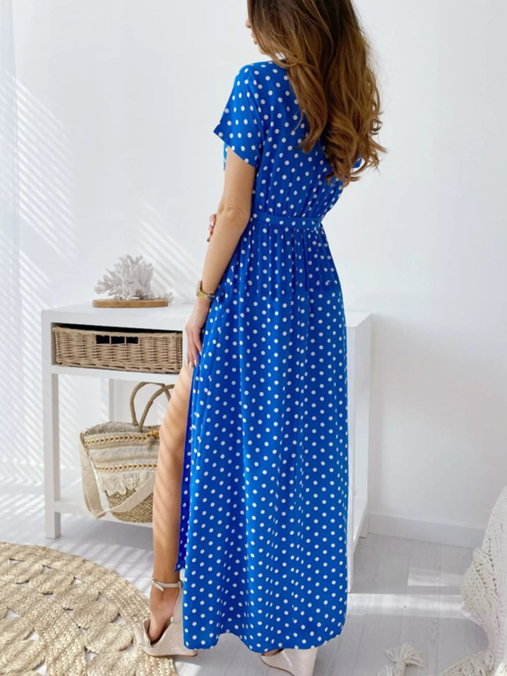 Polka Dot Surplice Maxi Dress with Slit view 3