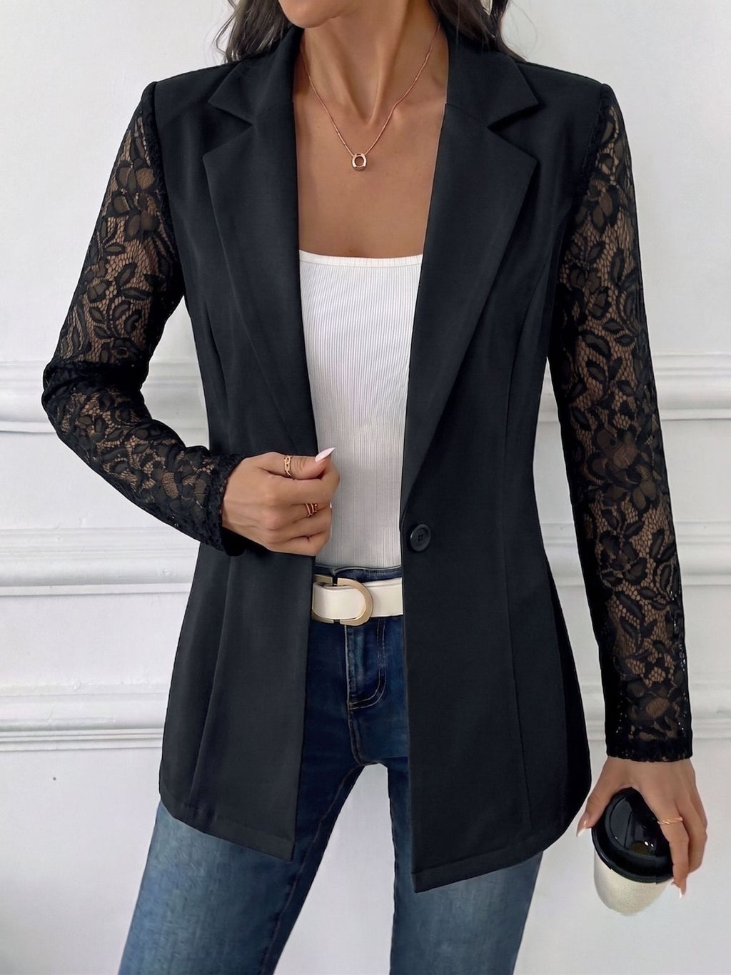 One-button lace-panel blazer for women, image 4