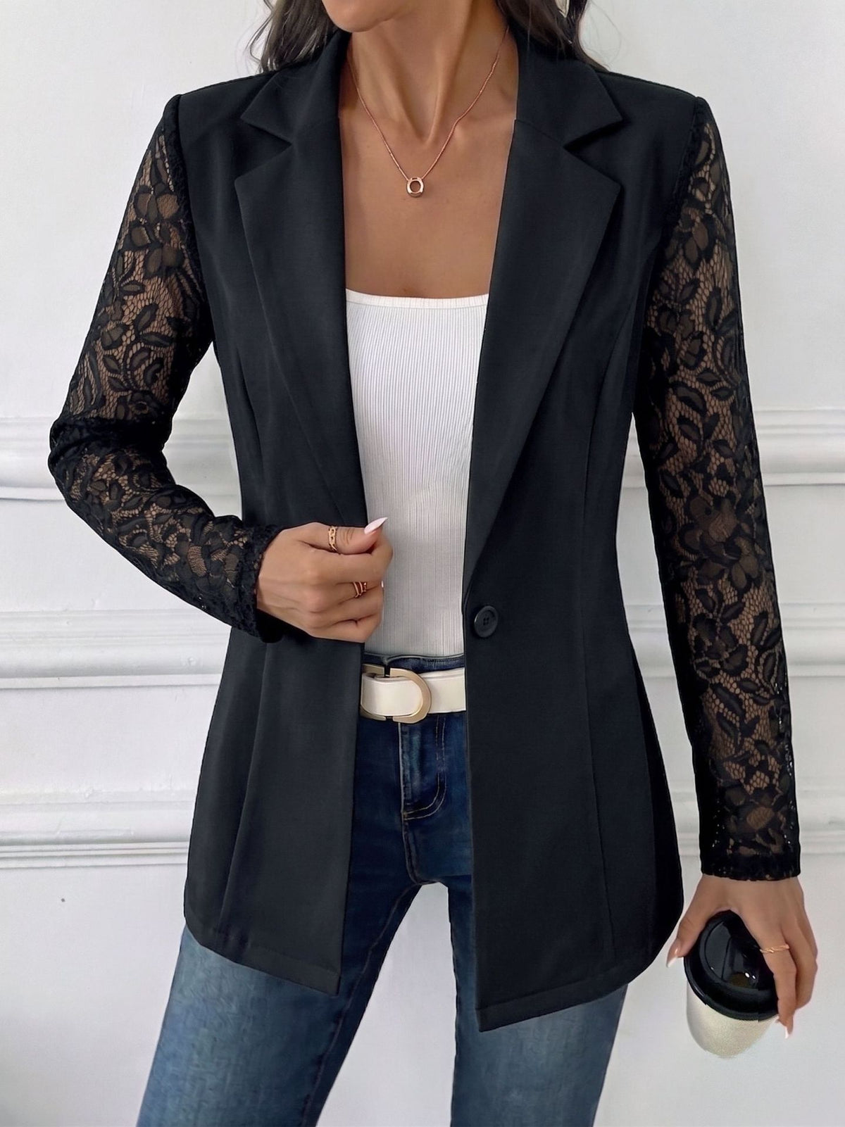 One-button lace-panel blazer for women, image 4