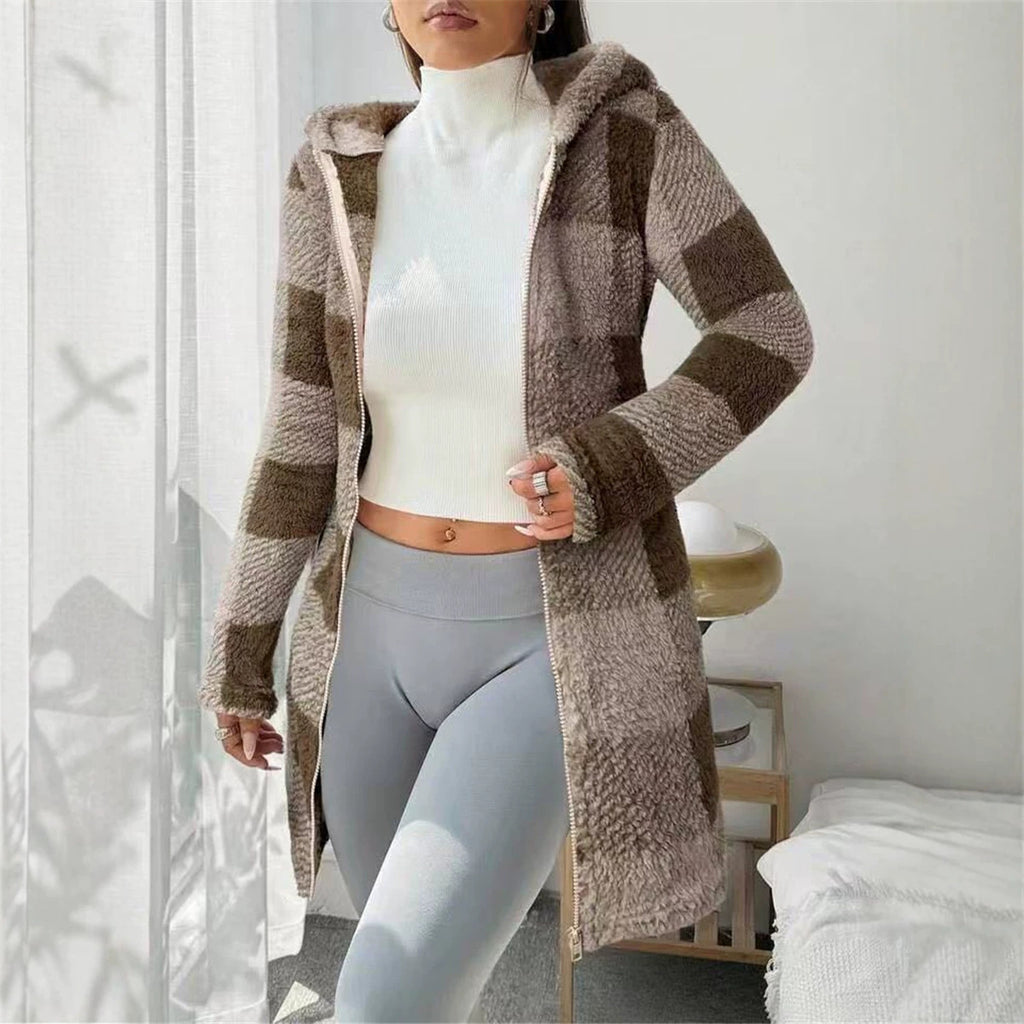 Brown and cream checked hooded long jacket, worn by a model