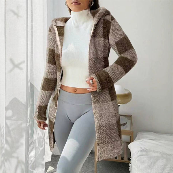 Brown and cream checked hooded long jacket, worn by a model