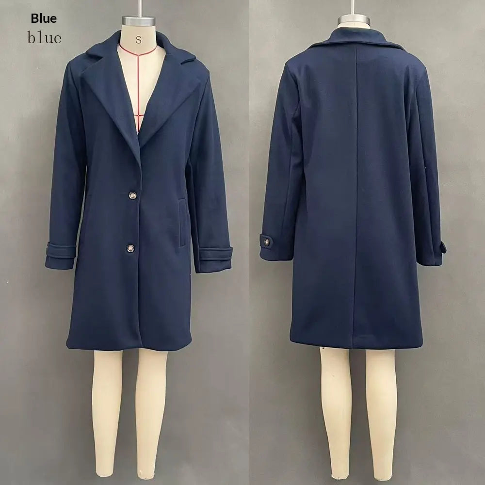 Plain navy lapel coat, front and back views on mannequins