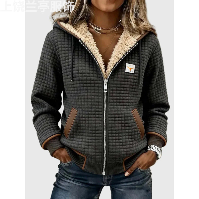 Charcoal waffle-textured zip-up hoodie with plush lining and brown pocket trim