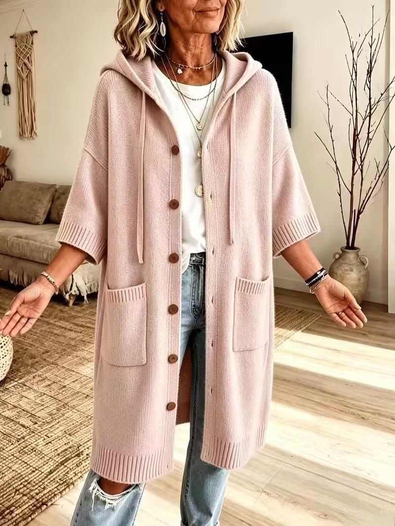 Hooded knitted cardigan coat, side view