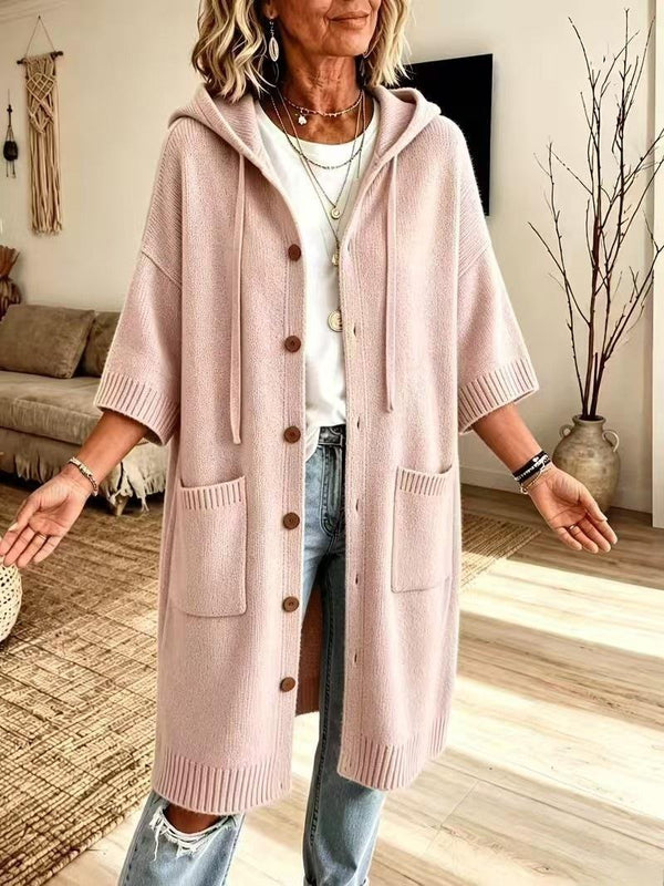 Hooded knitted cardigan coat, side view