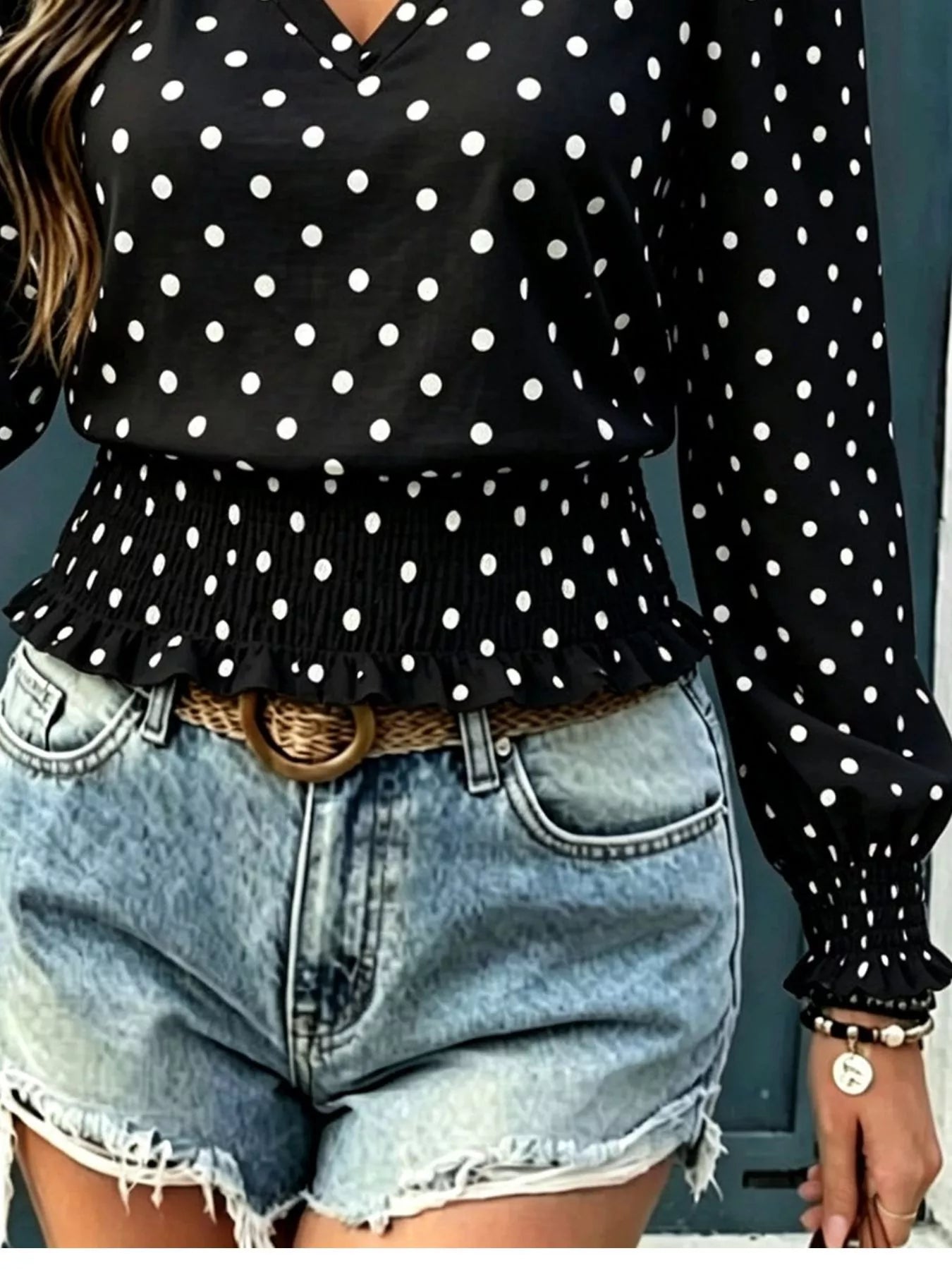 Polka dot V-neck smocked blouse — additional view 8