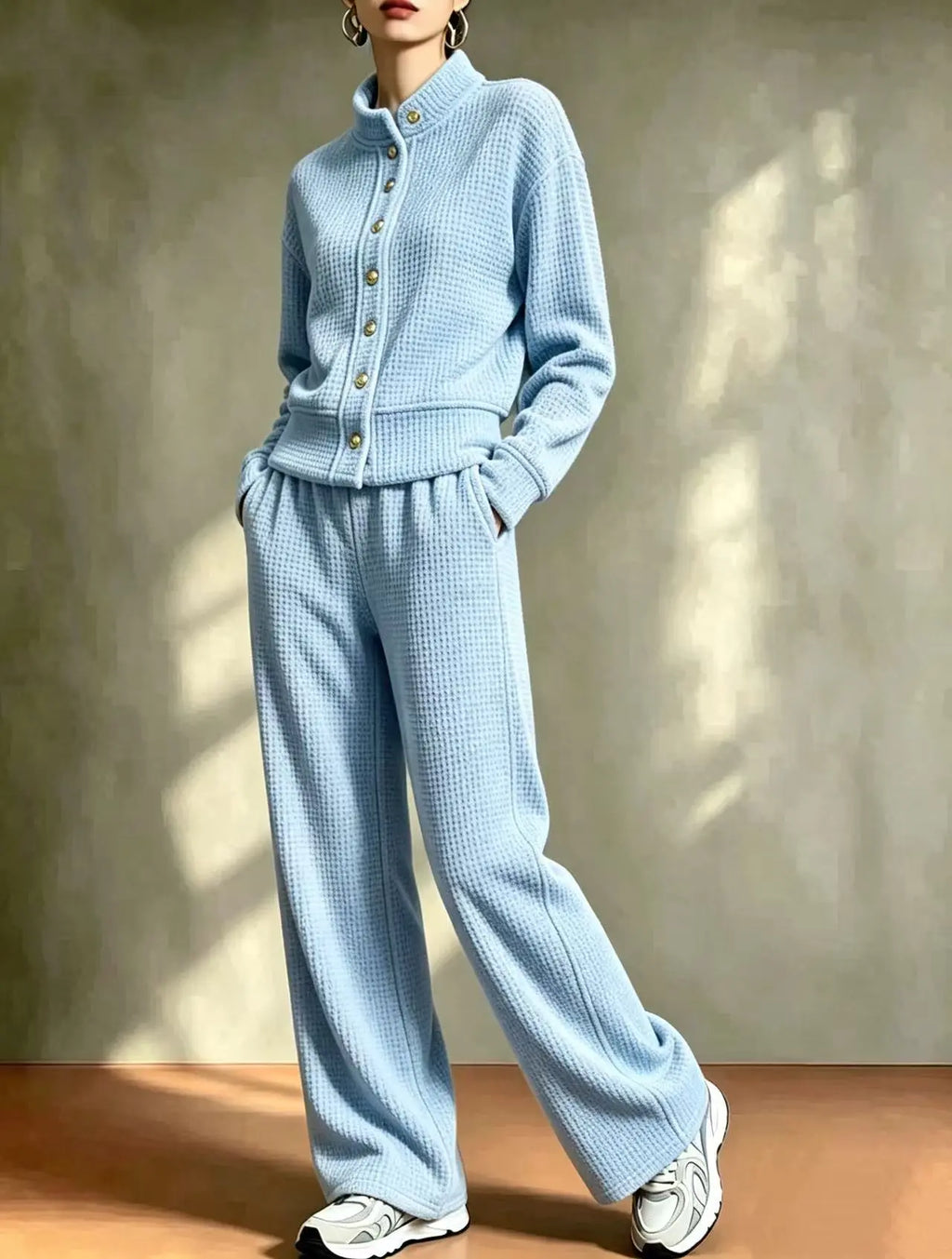 Sky blue women's waffle knit cardigan and pants set
