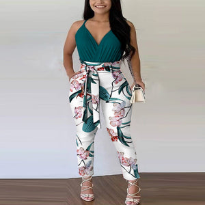 Green contrast print two-piece suit for women
