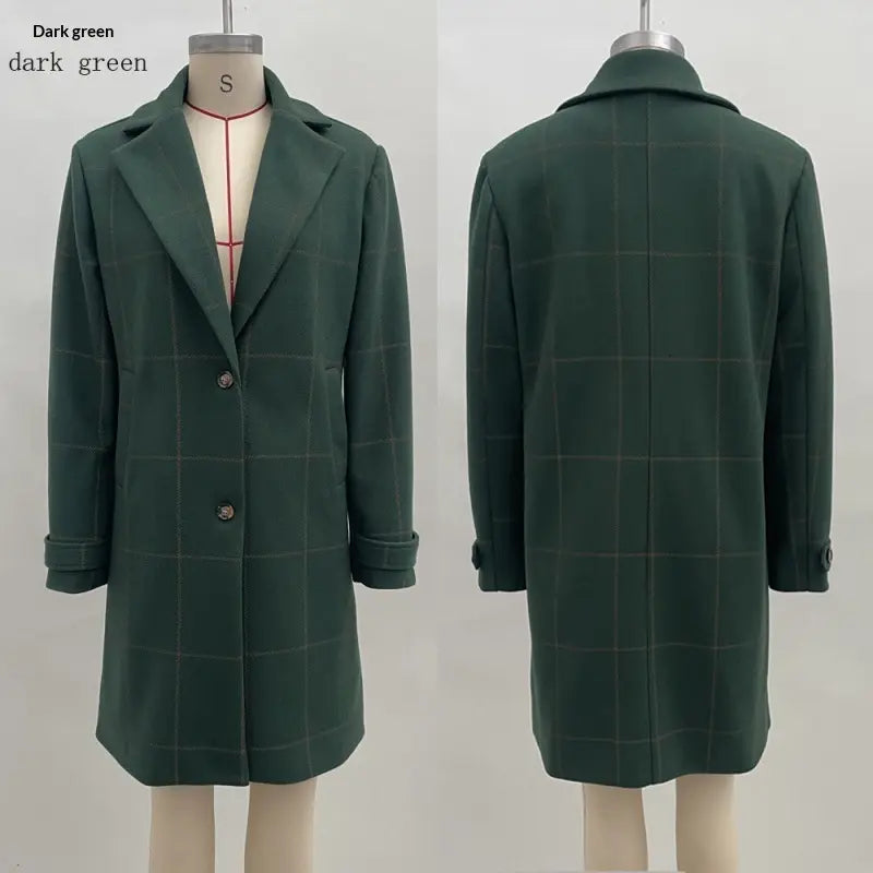 Dark green plain lapel coat, front and back views on mannequins