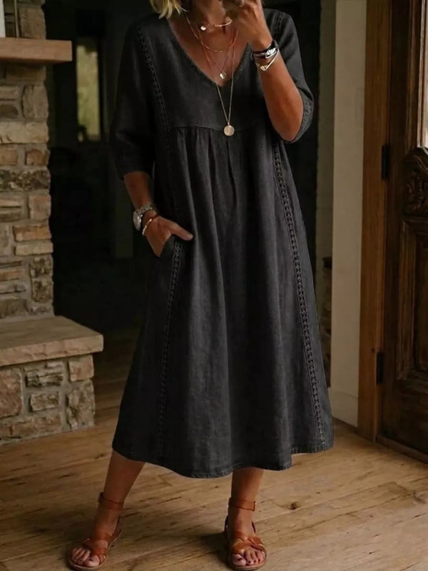 Full Size V-Neck 3/4 Sleeve Midi Dress Plus Size — additional view 5