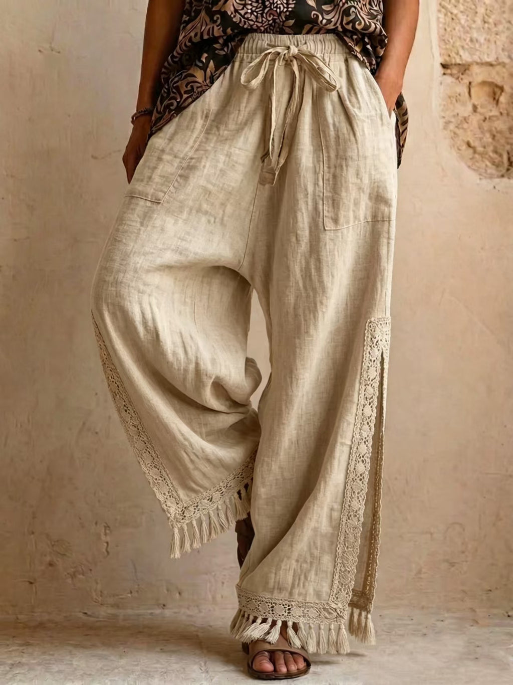 Lace-tassel bohemian wide-leg pants product image