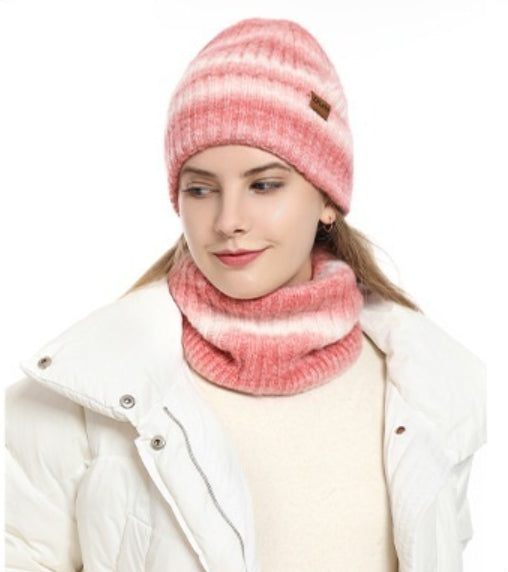 Pink gradient knit hat and scarf set for women